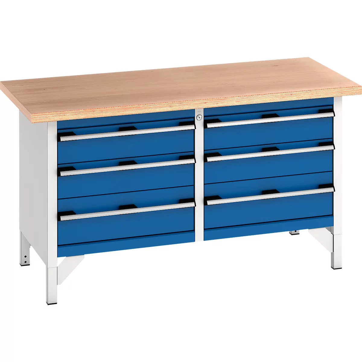Werkbank mit blau lackierten Schubladen, Holzplatte und weißem Gestell.
